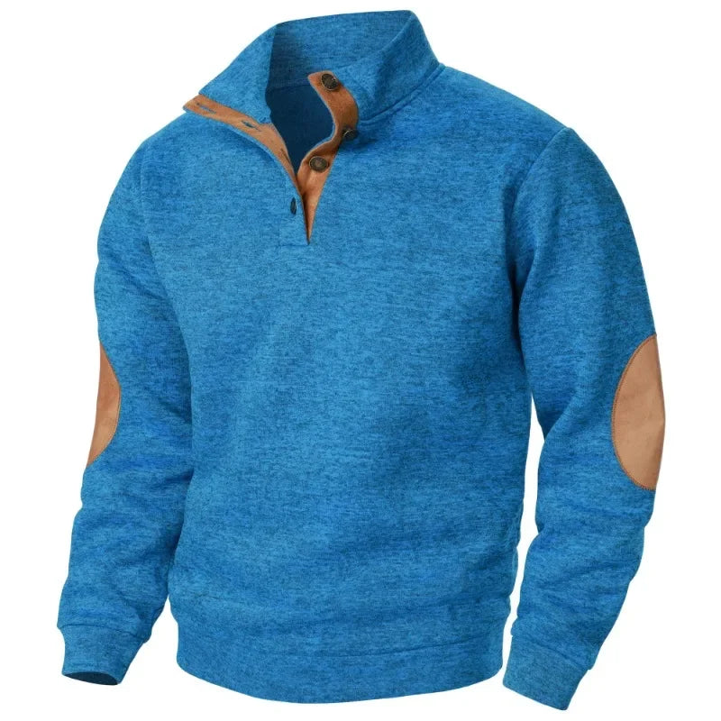 Wearclo | Men's Button-Neck Sweatshirt with Suede Patches