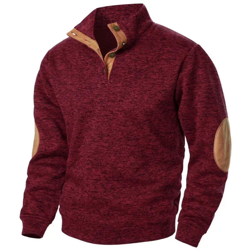 Wearclo | Men's Button-Neck Sweatshirt with Suede Patches