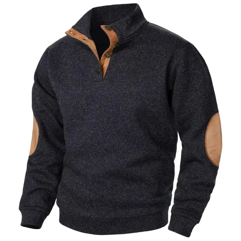Wearclo | Men's Button-Neck Sweatshirt with Suede Patches