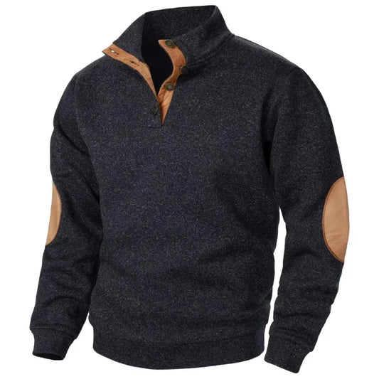 Wearclo | Men's Button-Neck Sweatshirt with Suede Patches
