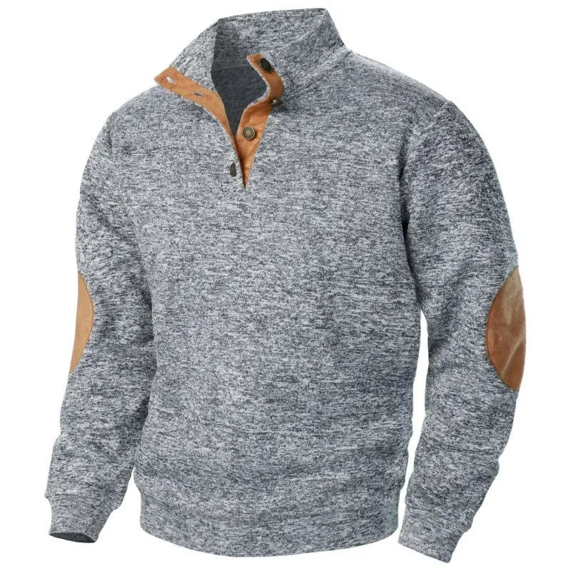 Wearclo | Men's Button-Neck Sweatshirt with Suede Patches
