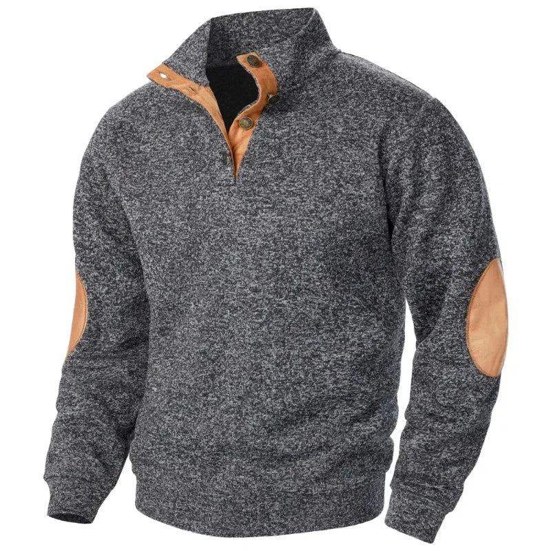 Wearclo | Men's Button-Neck Sweatshirt with Suede Patches