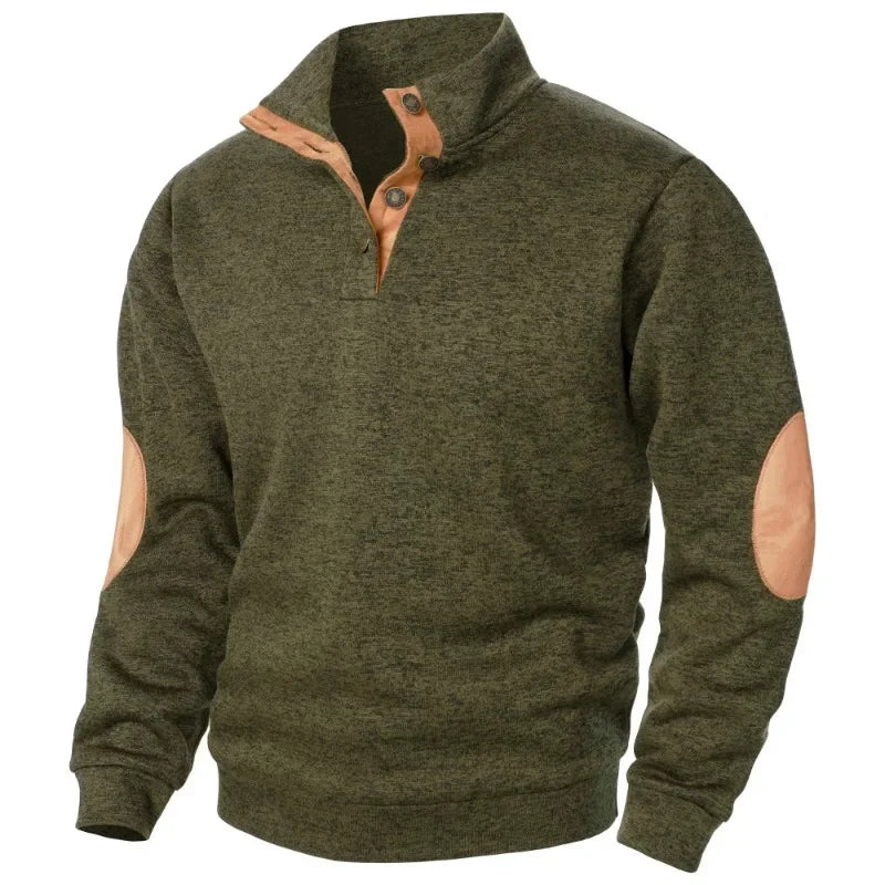 Wearclo | Men's Button-Neck Sweatshirt with Suede Patches