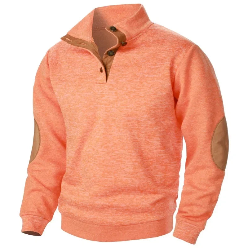 Wearclo | Men's Button-Neck Sweatshirt with Suede Patches