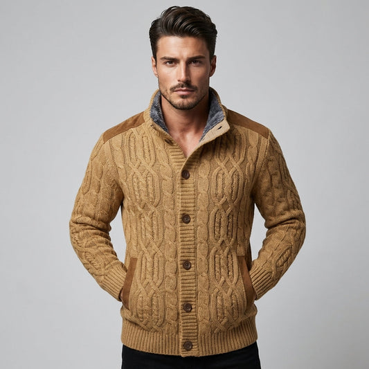 Wearclo | Men's Cable Knit Cardigan with Sherpa Lining