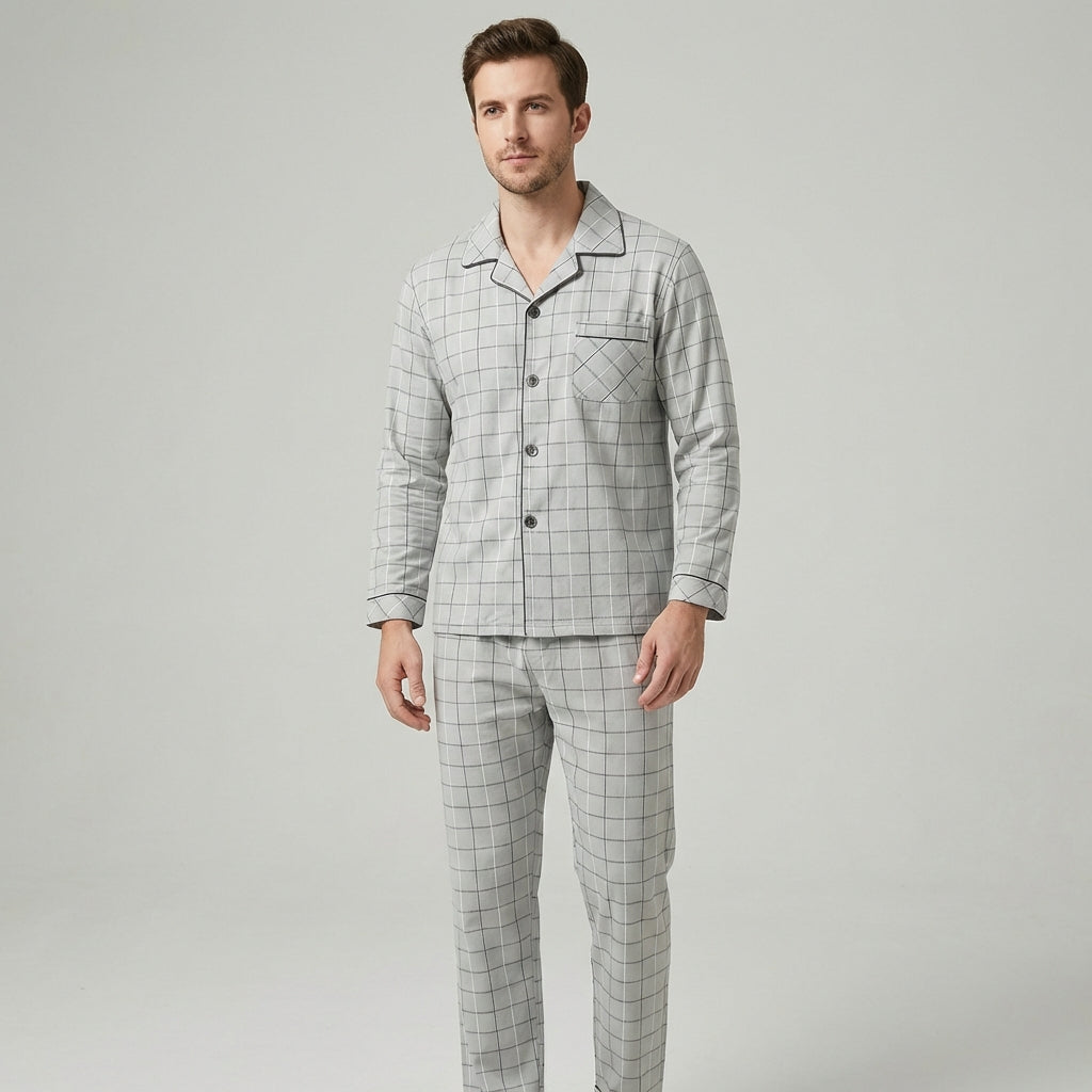 Wearclo | Men's Checked Pyjama Set with Button-Down Shirt