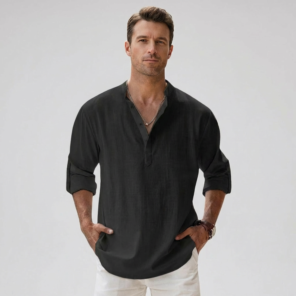 Wearclo | Men's Henley Shirt – Band Collar Linen Blend