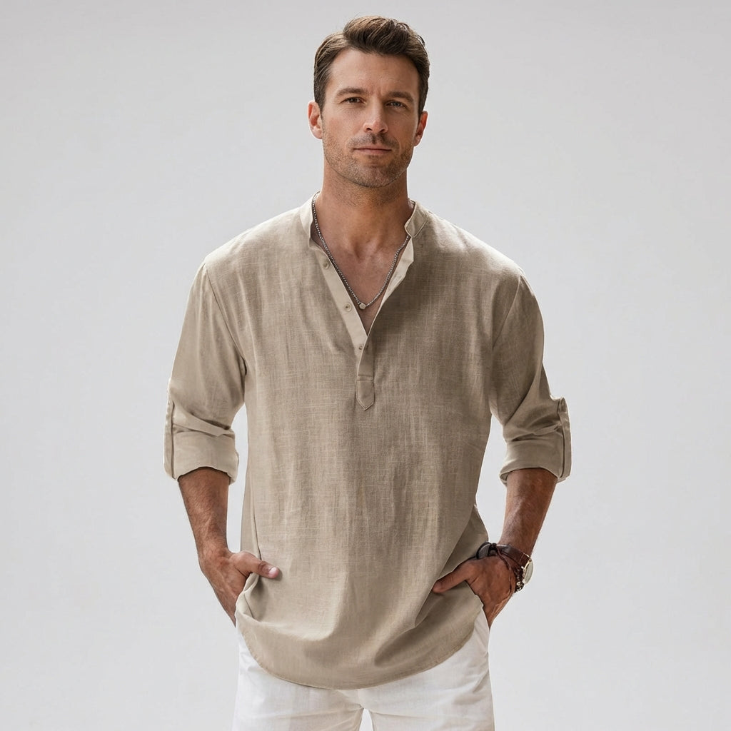 Wearclo | Men's Henley Shirt – Band Collar Linen Blend