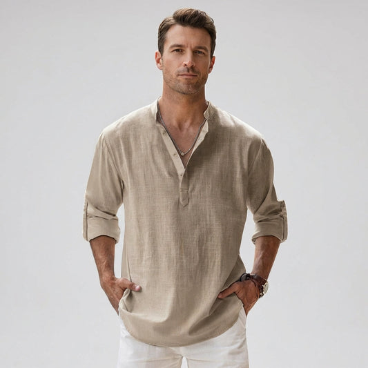 Wearclo | Men's Henley Shirt – Band Collar Linen Blend