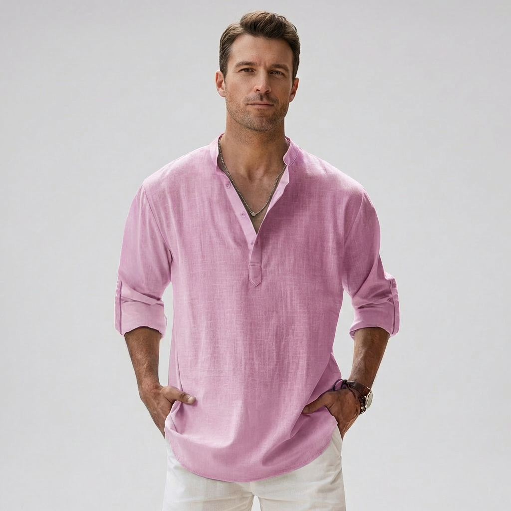Wearclo | Men's Henley Shirt – Band Collar Linen Blend