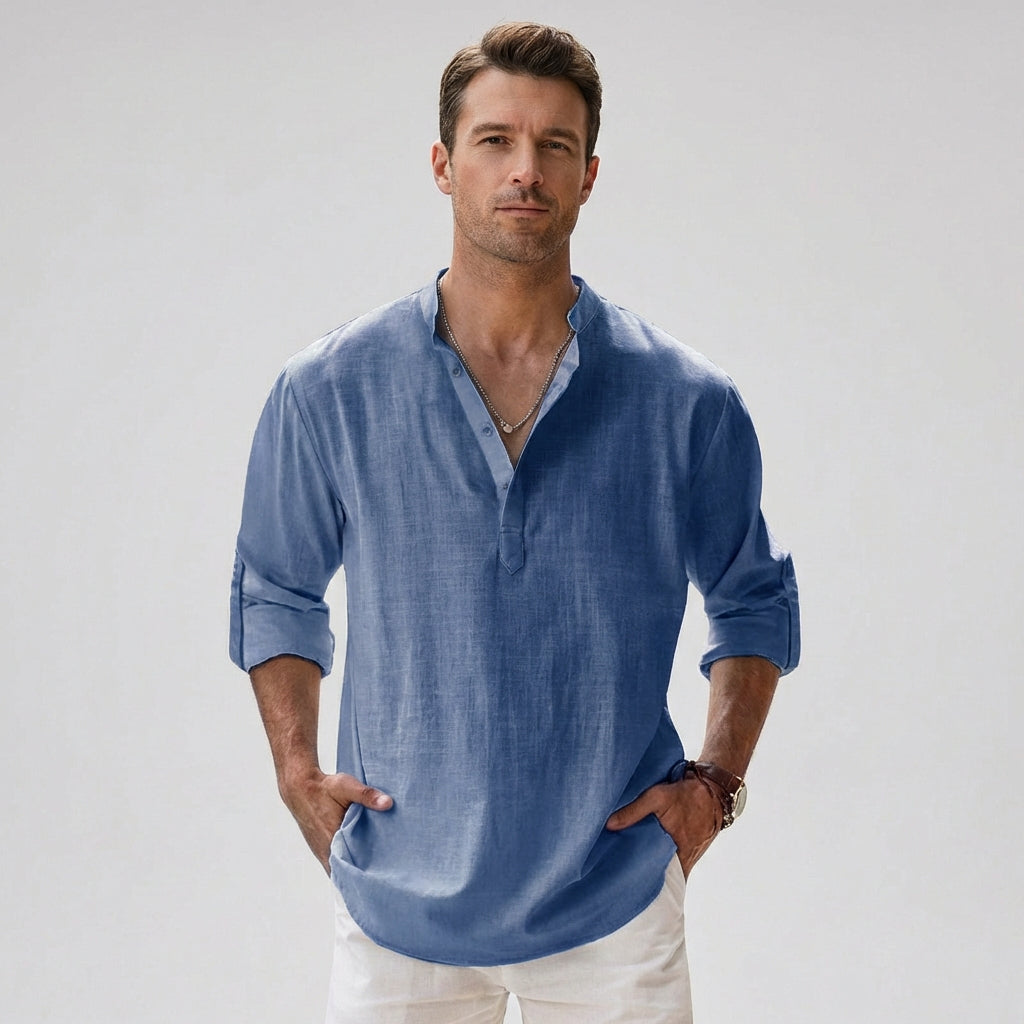 Wearclo | Men's Henley Shirt – Band Collar Linen Blend