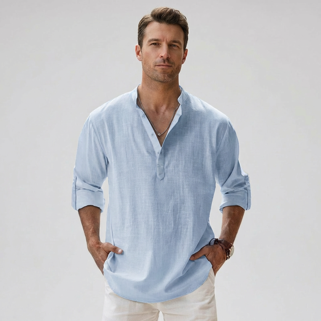 Wearclo | Men's Henley Shirt – Band Collar Linen Blend
