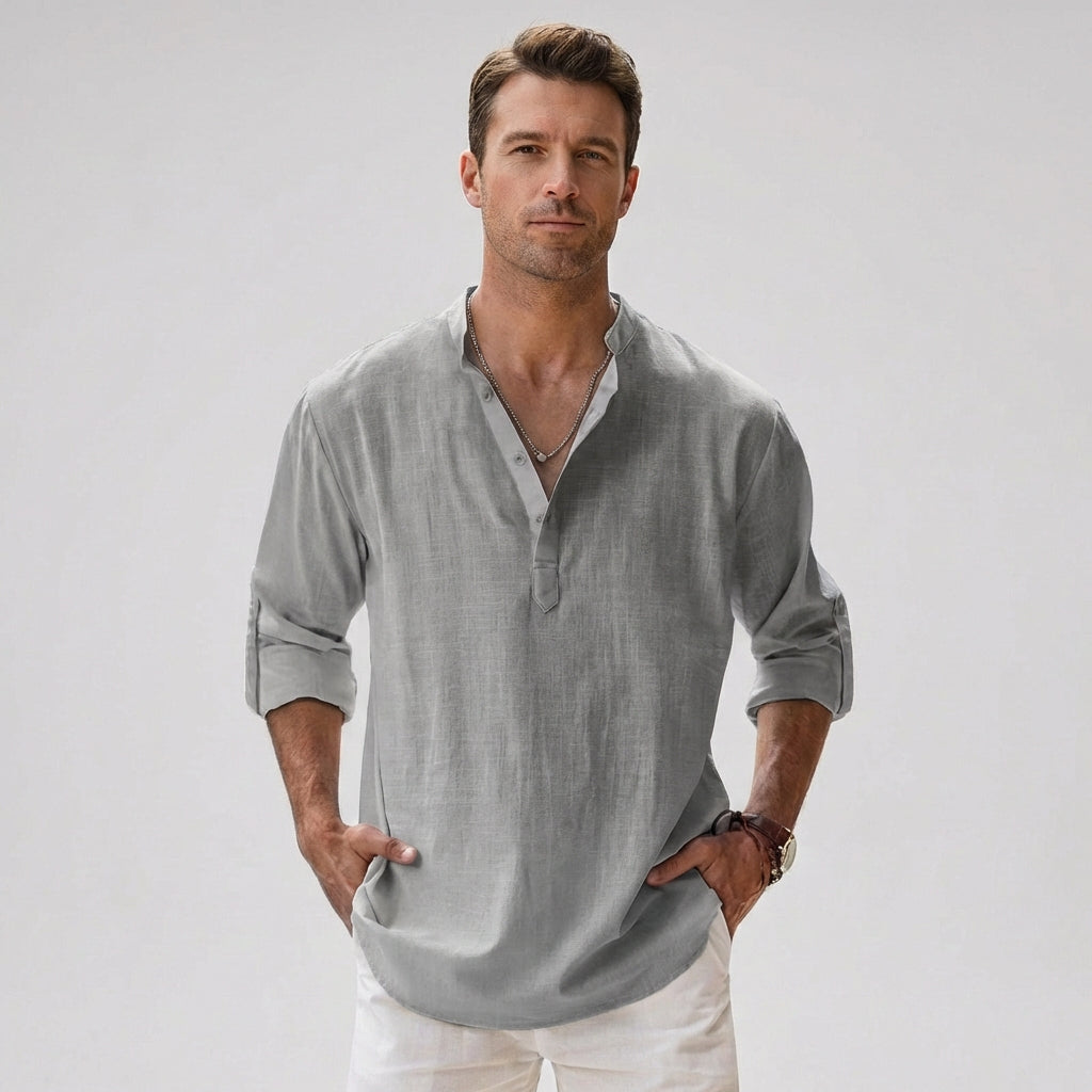 Wearclo | Men's Henley Shirt – Band Collar Linen Blend
