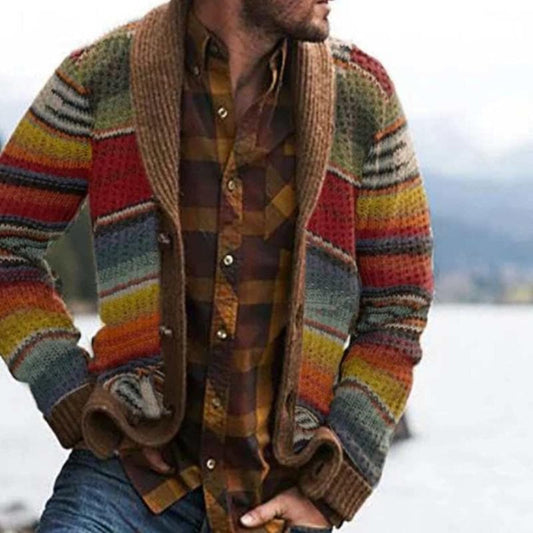 Wearclo | Men's Knit Cardigan with Shawl Collar and Multicolor Stripes