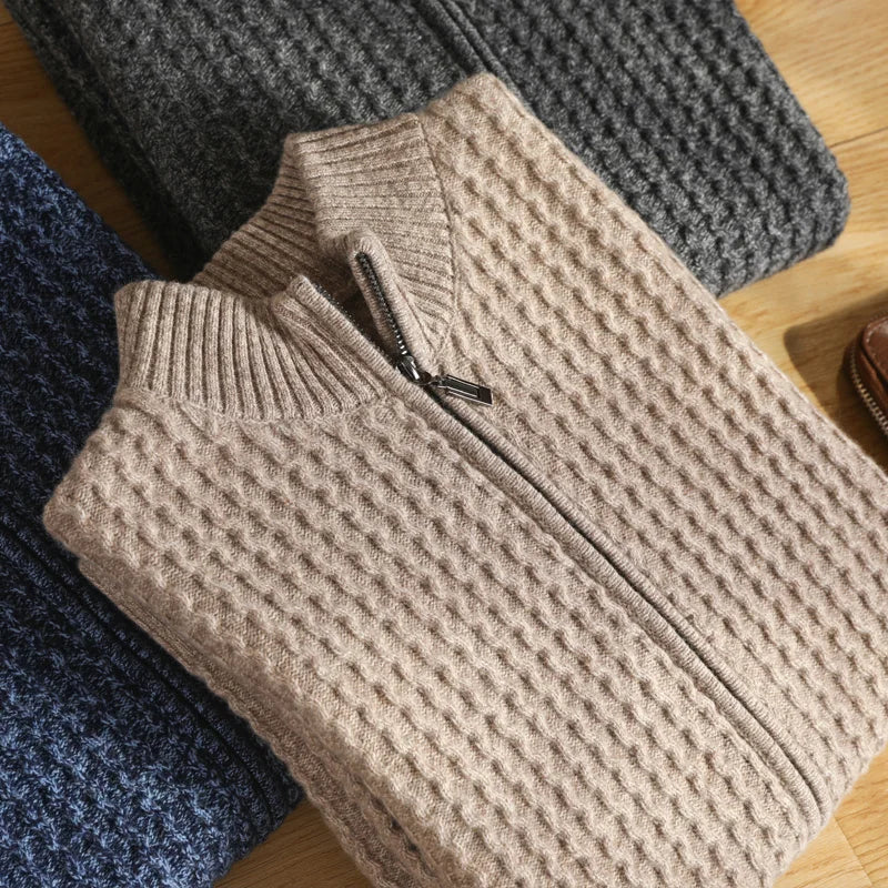 Wearclo | Men's Knitted Cardigan Full-Zip Waffle Knit