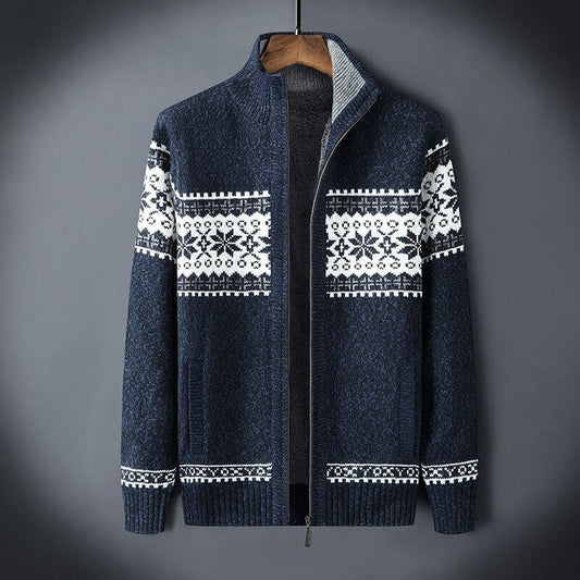 Wearclo | Men's Knitted Zip-Up Fleece Lined Cardigan With Snowflake Pattern