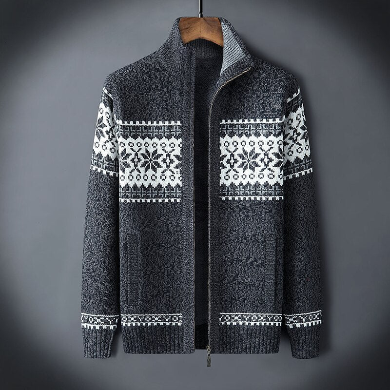 Wearclo | Men's Knitted Zip-Up Fleece Lined Cardigan With Snowflake Pattern