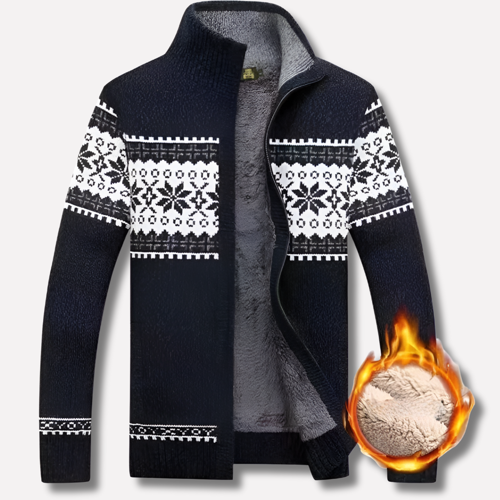 Wearclo | Men's Knitted Zip-Up Fleece Lined Cardigan With Snowflake Pattern