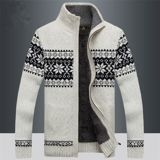Wearclo | Men's Knitted Zip-Up Fleece Lined Cardigan With Snowflake Pattern