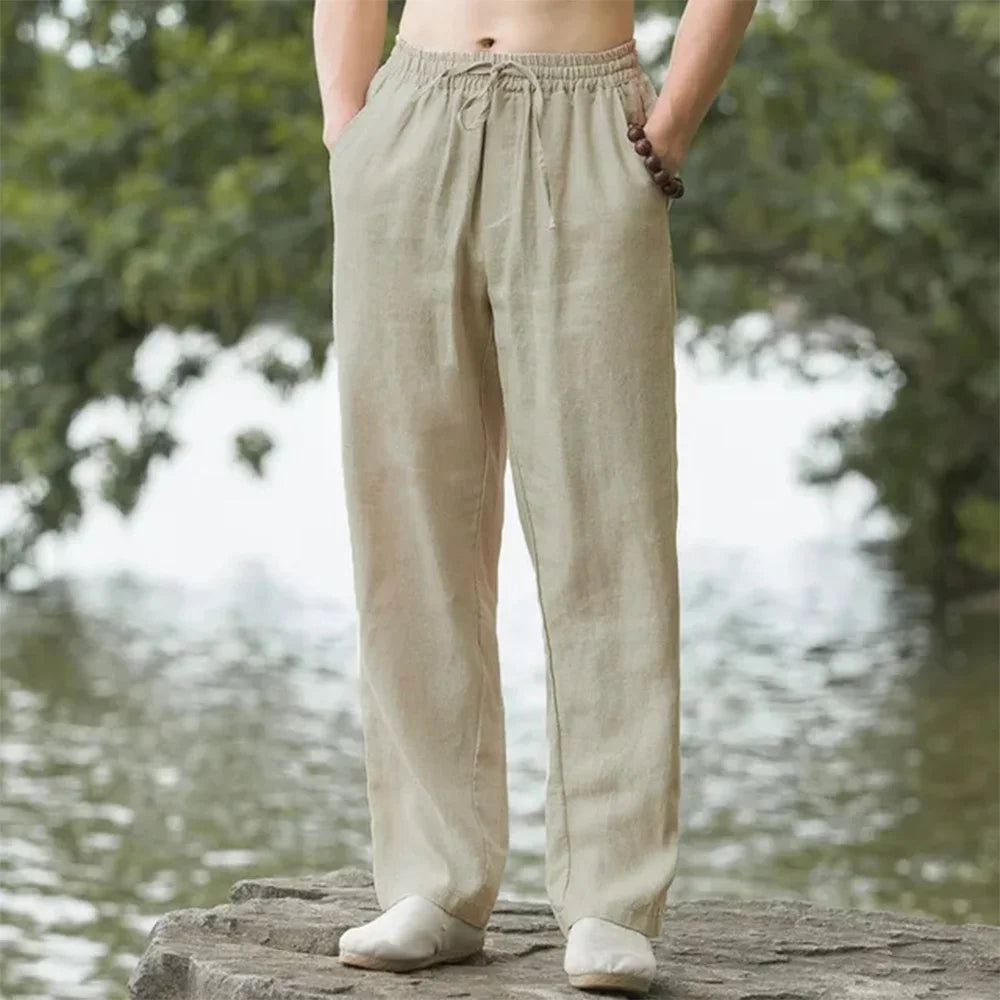 Wearclo | Men's Linen Drawstring Pants with Straight Legs