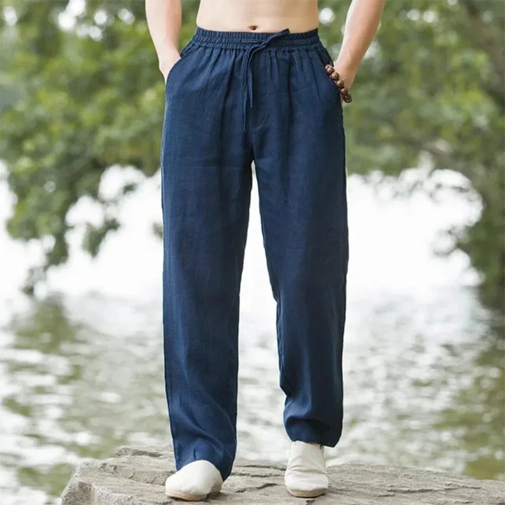 Wearclo | Men's Linen Drawstring Pants with Straight Legs