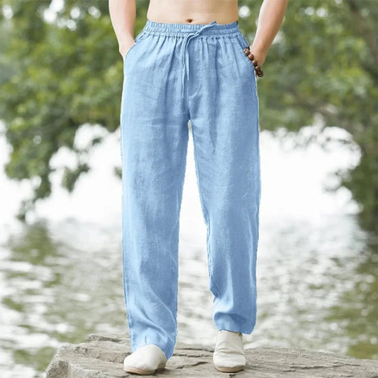 Wearclo | Men's Linen Drawstring Pants with Straight Legs