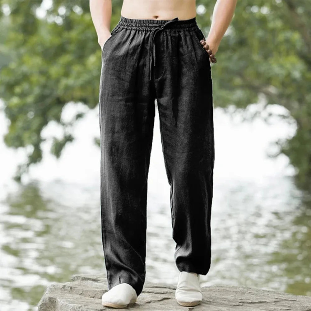 Wearclo | Men's Linen Drawstring Pants with Straight Legs