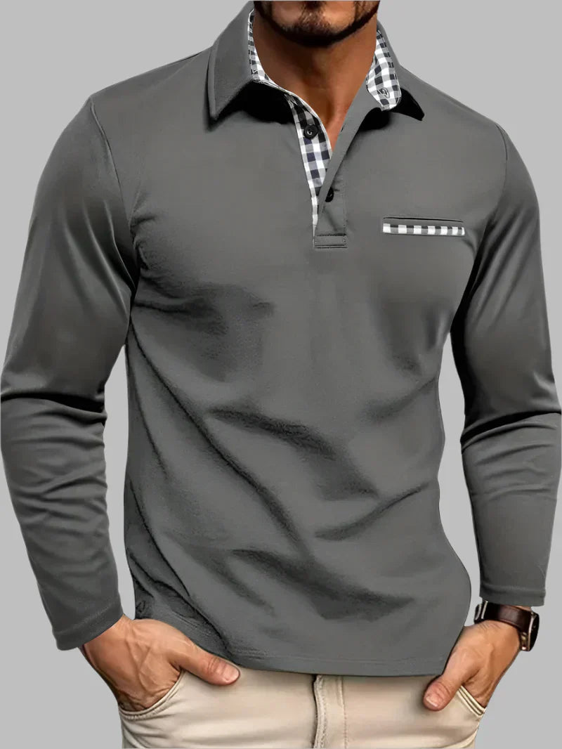 Wearclo | Men's Long-Sleeve Polo Shirt with Gingham Trim