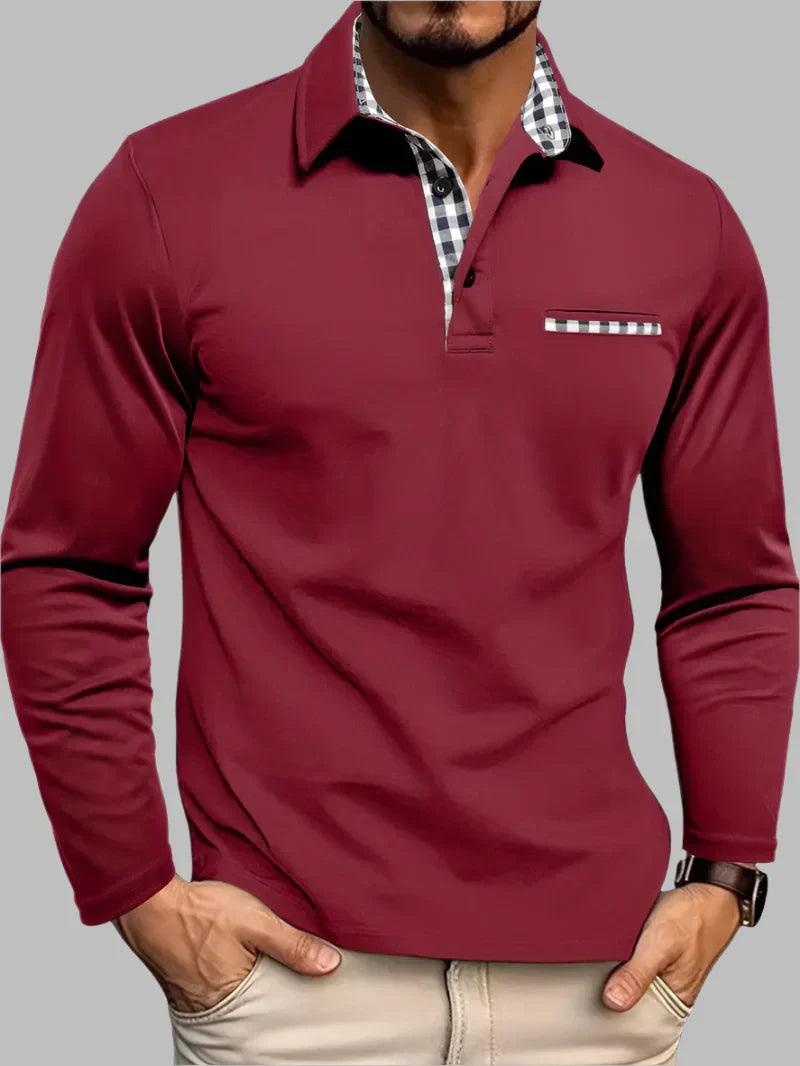 Wearclo | Men's Long-Sleeve Polo Shirt with Gingham Trim
