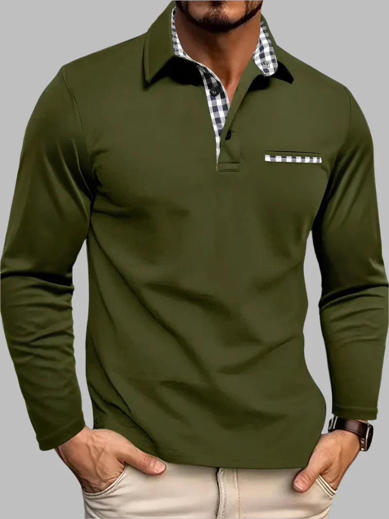 Wearclo | Men's Long-Sleeve Polo Shirt with Gingham Trim