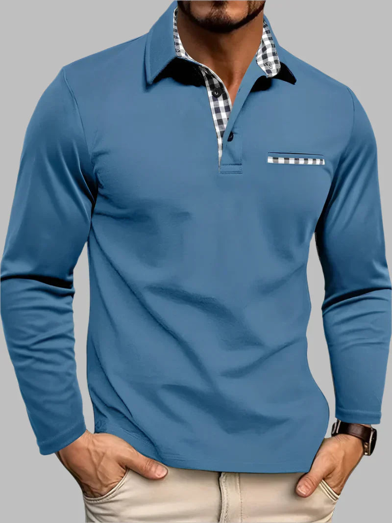 Wearclo | Men's Long-Sleeve Polo Shirt with Gingham Trim