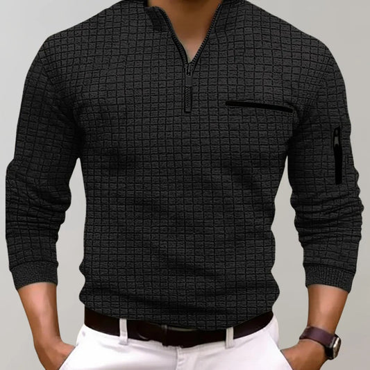 Wearclo | Men's Quarter Zip Polo with Textured Grid Pattern