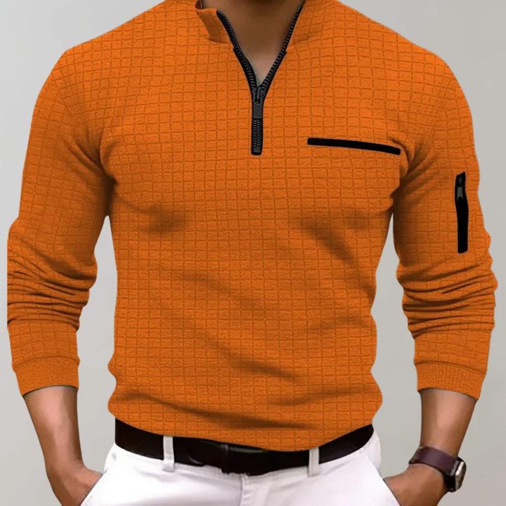 Wearclo | Men's Quarter Zip Polo with Textured Grid Pattern