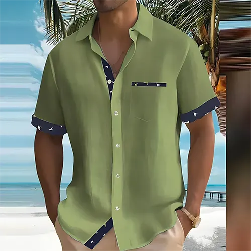 Wearclo | Men's Short Sleeve Button-Up Shirt | Contrast Trim Pocket