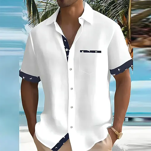 Wearclo | Men's Short Sleeve Button-Up Shirt | Contrast Trim Pocket
