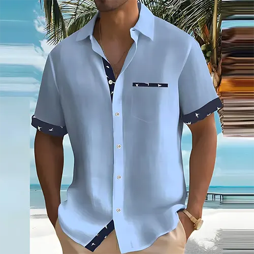 Wearclo | Men's Short Sleeve Button-Up Shirt | Contrast Trim Pocket