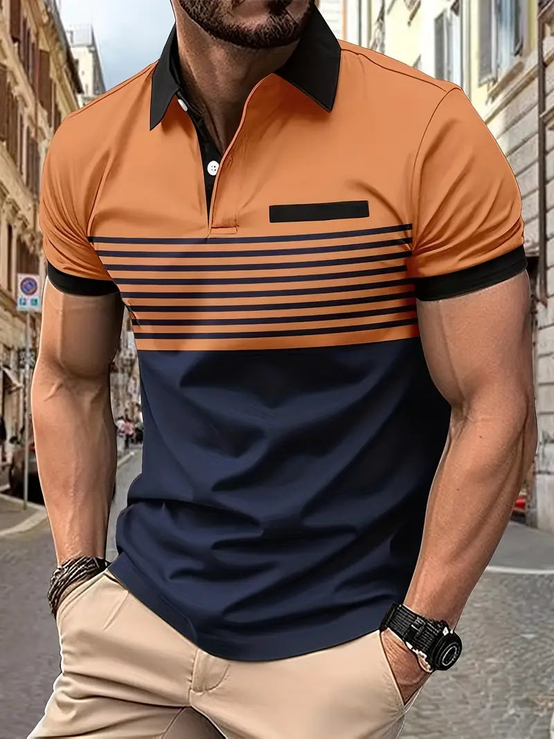Wearclo | Men's Striped Polo Shirt with Colorblock Detail