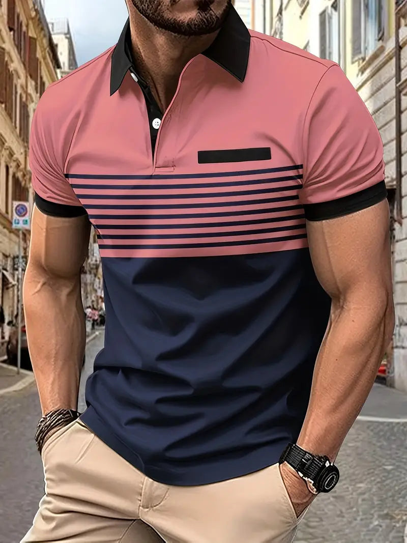Wearclo | Men's Striped Polo Shirt with Colorblock Detail