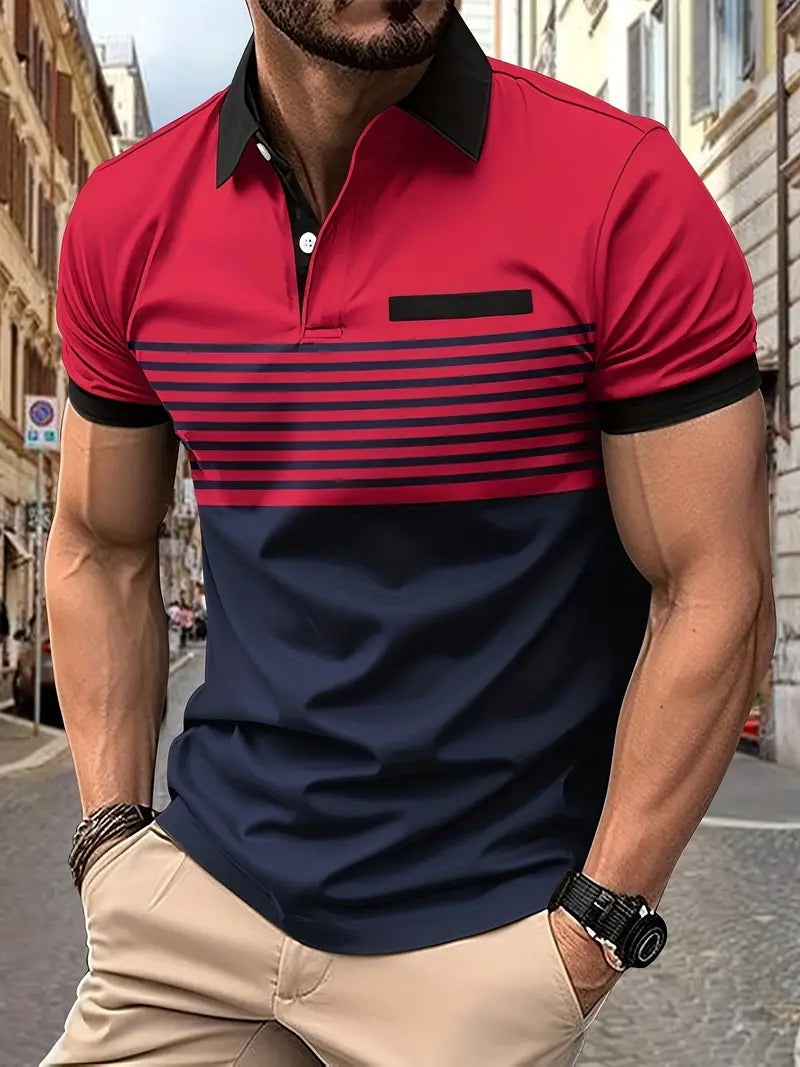 Wearclo | Men's Striped Polo Shirt with Colorblock Detail