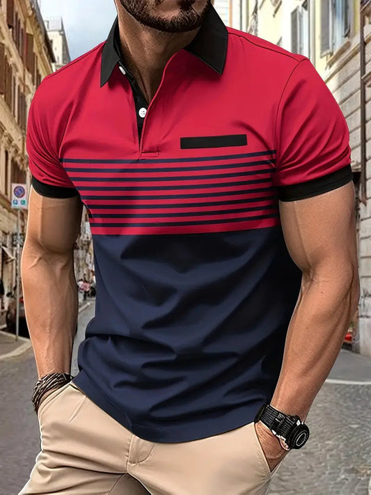 Wearclo | Men's Striped Polo Shirt with Colorblock Detail