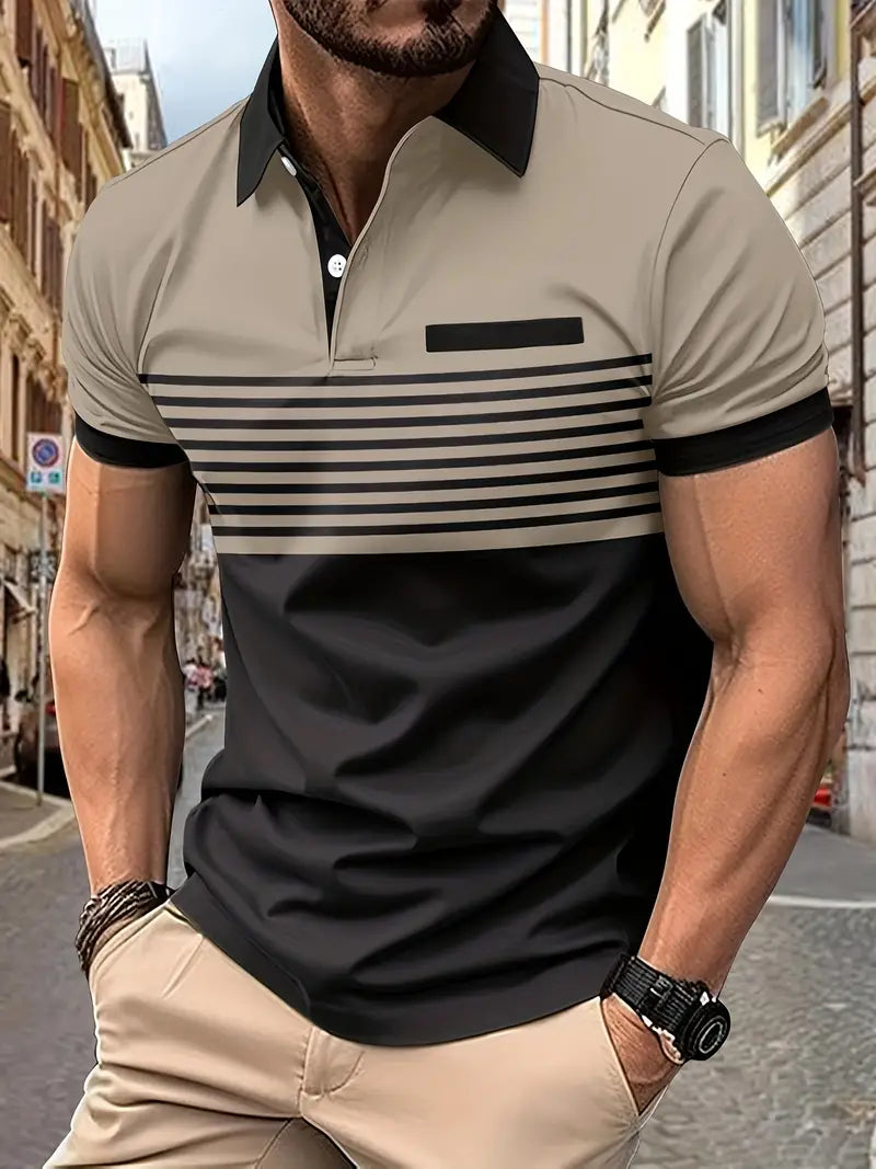Wearclo | Men's Striped Polo Shirt with Colorblock Detail
