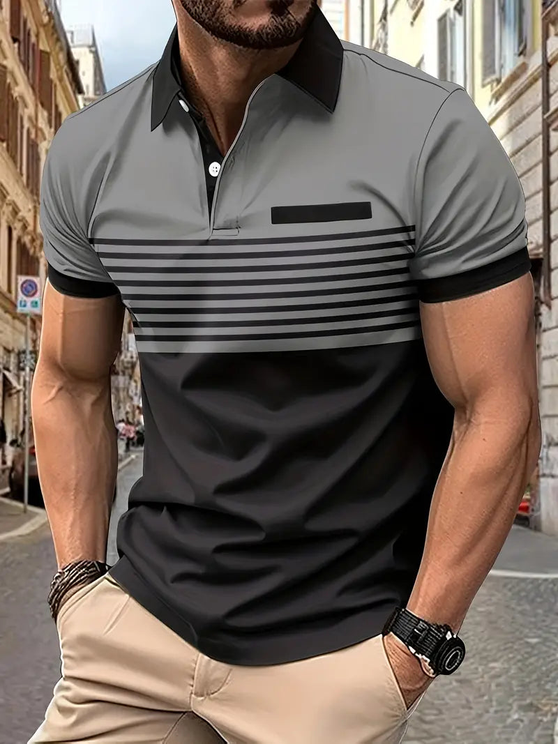 Wearclo | Men's Striped Polo Shirt with Colorblock Detail
