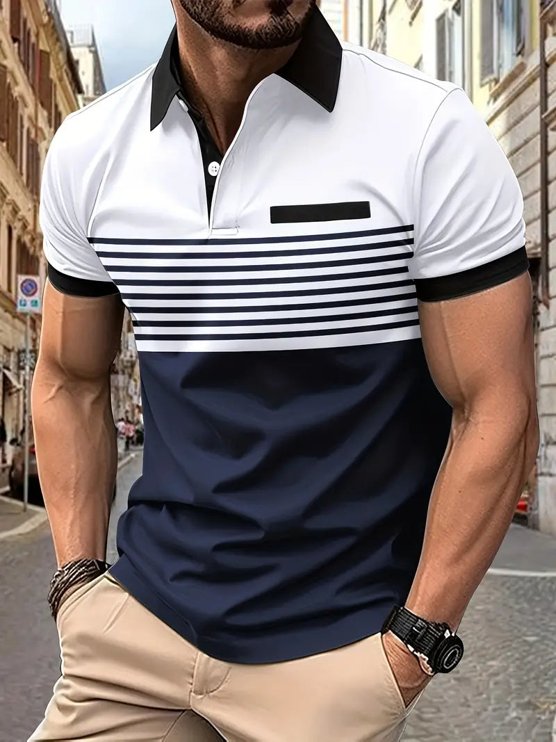 Wearclo | Men's Striped Polo Shirt with Colorblock Detail