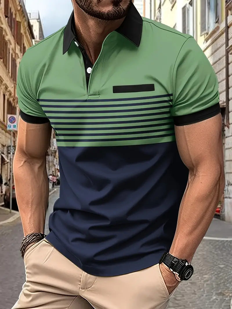 Wearclo | Men's Striped Polo Shirt with Colorblock Detail