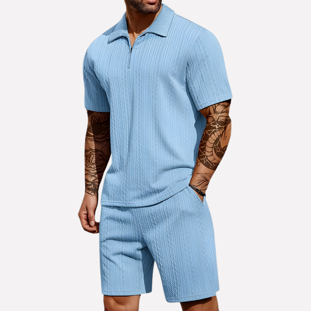 Wearclo | Men's Textured Polo Shirt & Shorts Set