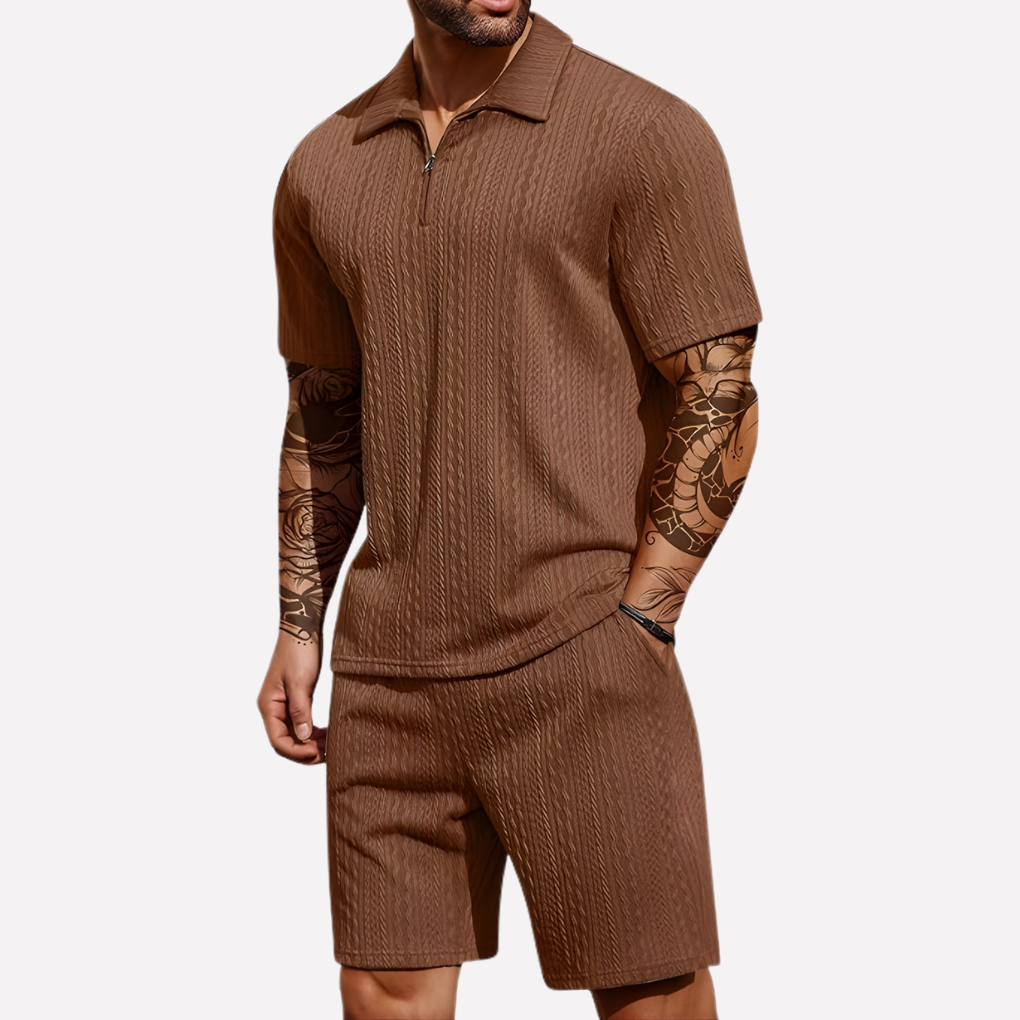 Wearclo | Men's Textured Polo Shirt & Shorts Set