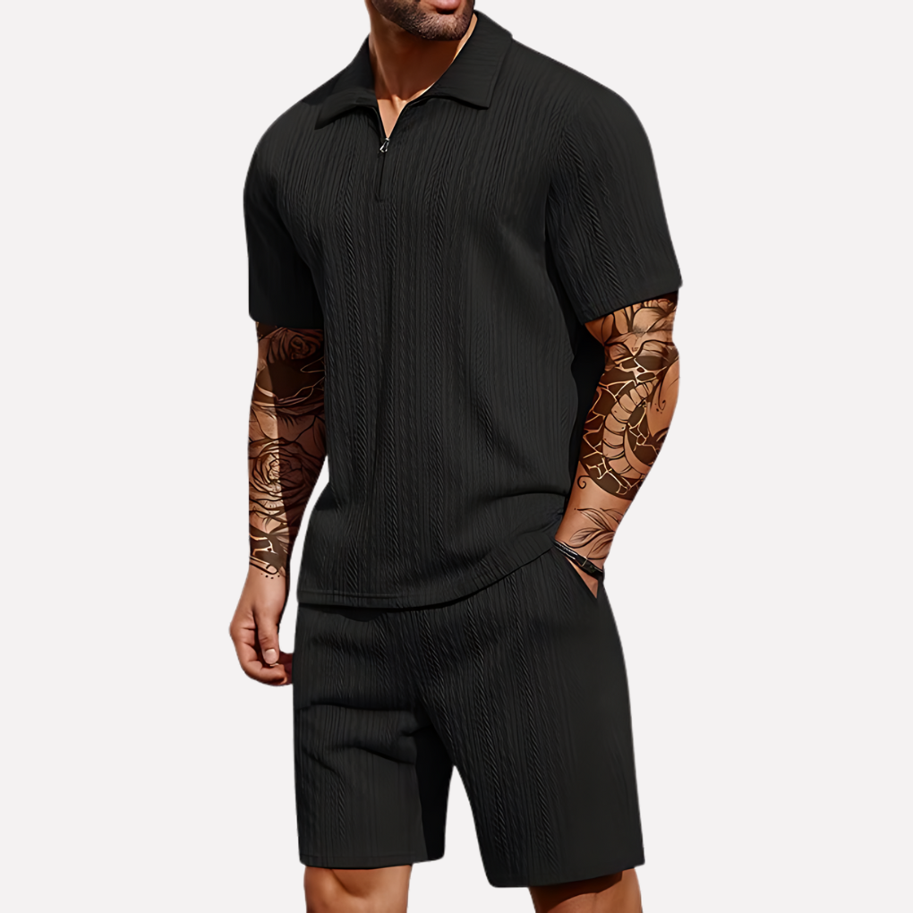Wearclo | Men's Textured Polo Shirt & Shorts Set