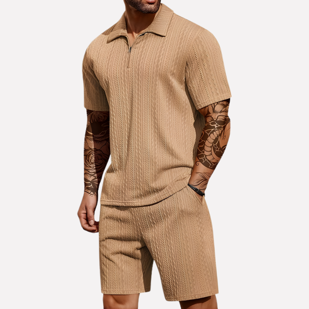 Wearclo | Men's Textured Polo Shirt & Shorts Set