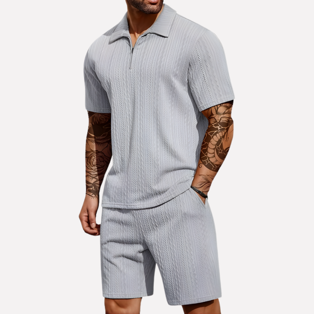Wearclo | Men's Textured Polo Shirt & Shorts Set
