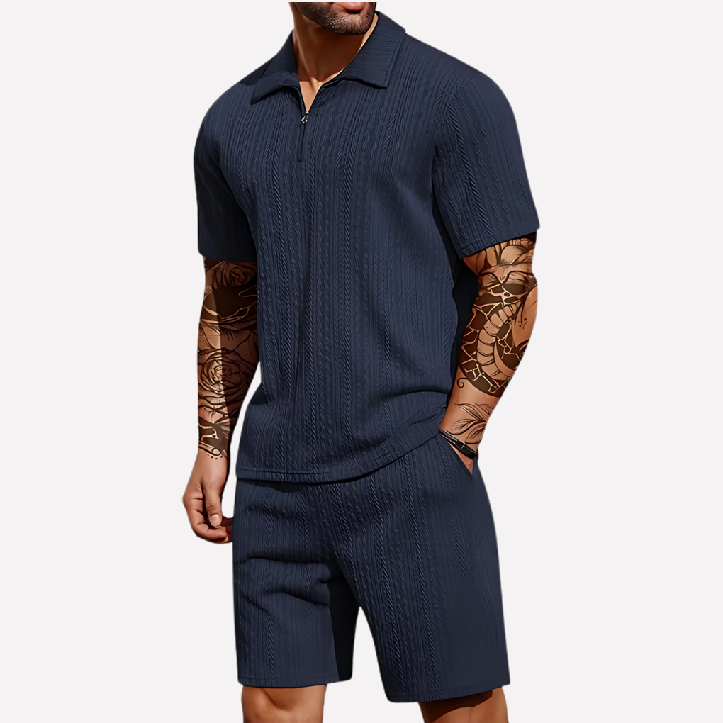 Wearclo | Men's Textured Polo Shirt & Shorts Set